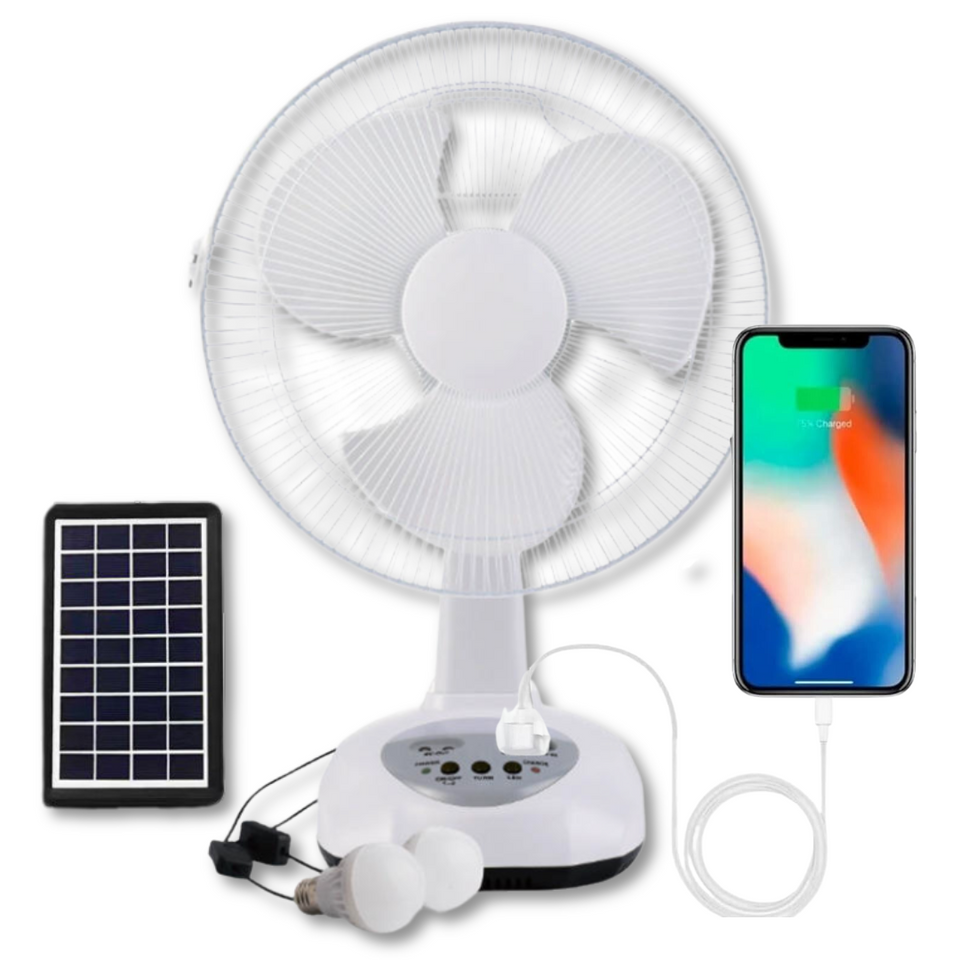 Ventilador Recargable con Panel Solar Puerto USB Luz LED 2 Ampollas Gratis