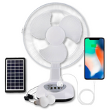 Ventilador Recargable con Panel Solar Puerto USB Luz LED 2 Ampollas Gratis