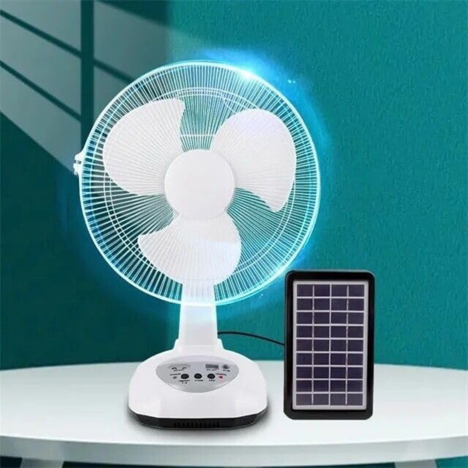 Ventilador Recargable con Panel Solar Puerto USB Luz LED 2 Ampollas Gratis
