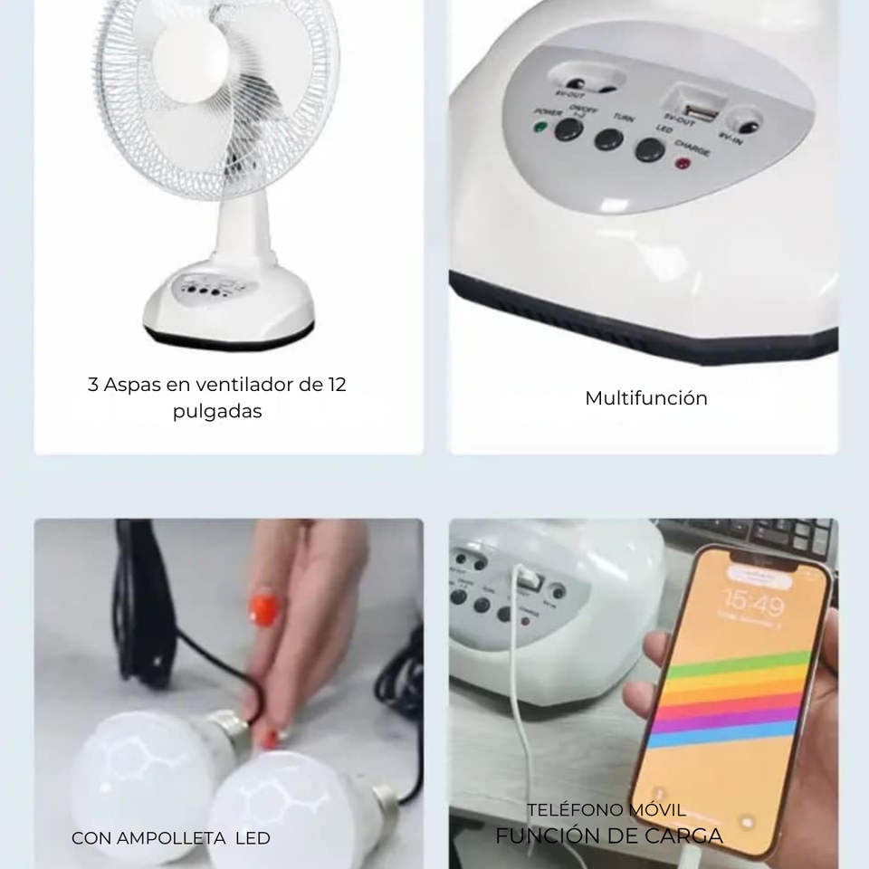 Ventilador Recargable con Panel Solar Puerto USB Luz LED 2 Ampollas Gratis