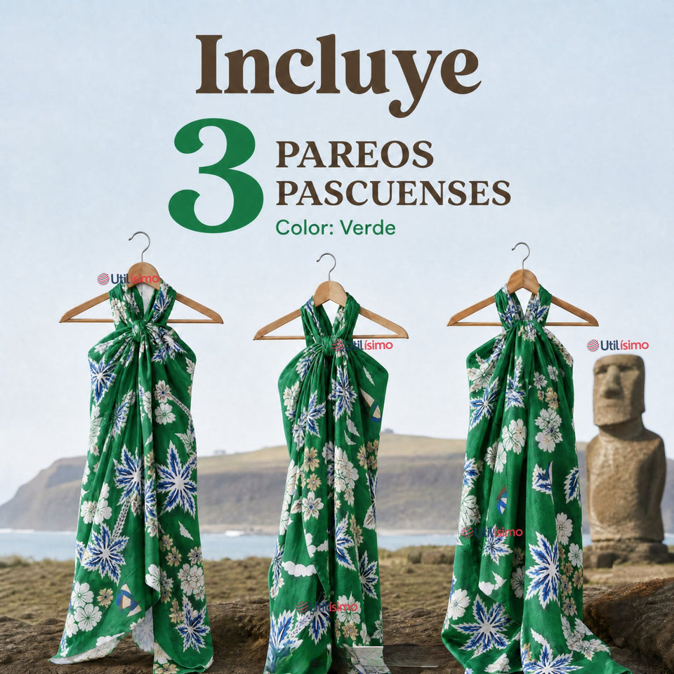 Pack 3 Pareos Pascuense Niña Hawaiano Verde Danza Fiestas Patrias