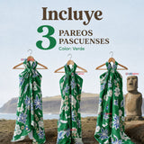 Pack 3 Pareos Pascuense Niña Hawaiano Verde Danza Fiestas Patrias