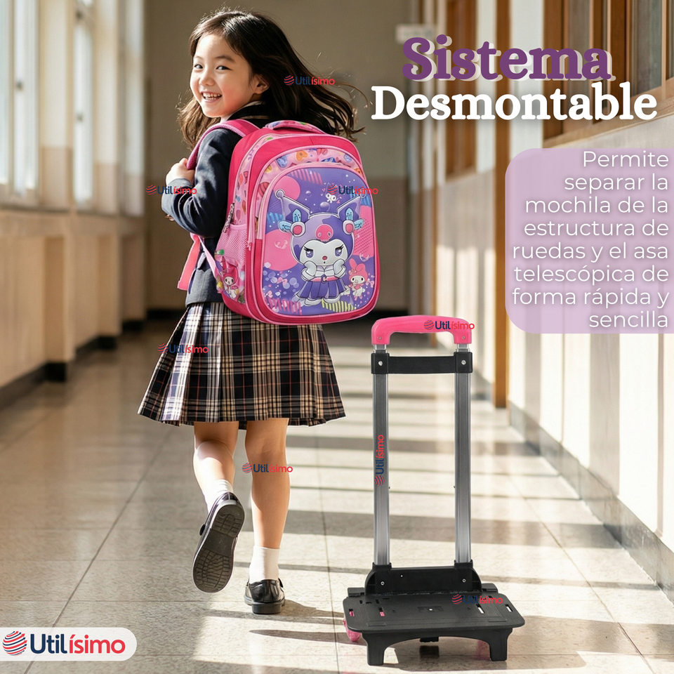 Mochila Escolar Kuromi 3D Con Ruedas Desmontable + Estuche + Lonchera Poliéster Rosa Niña