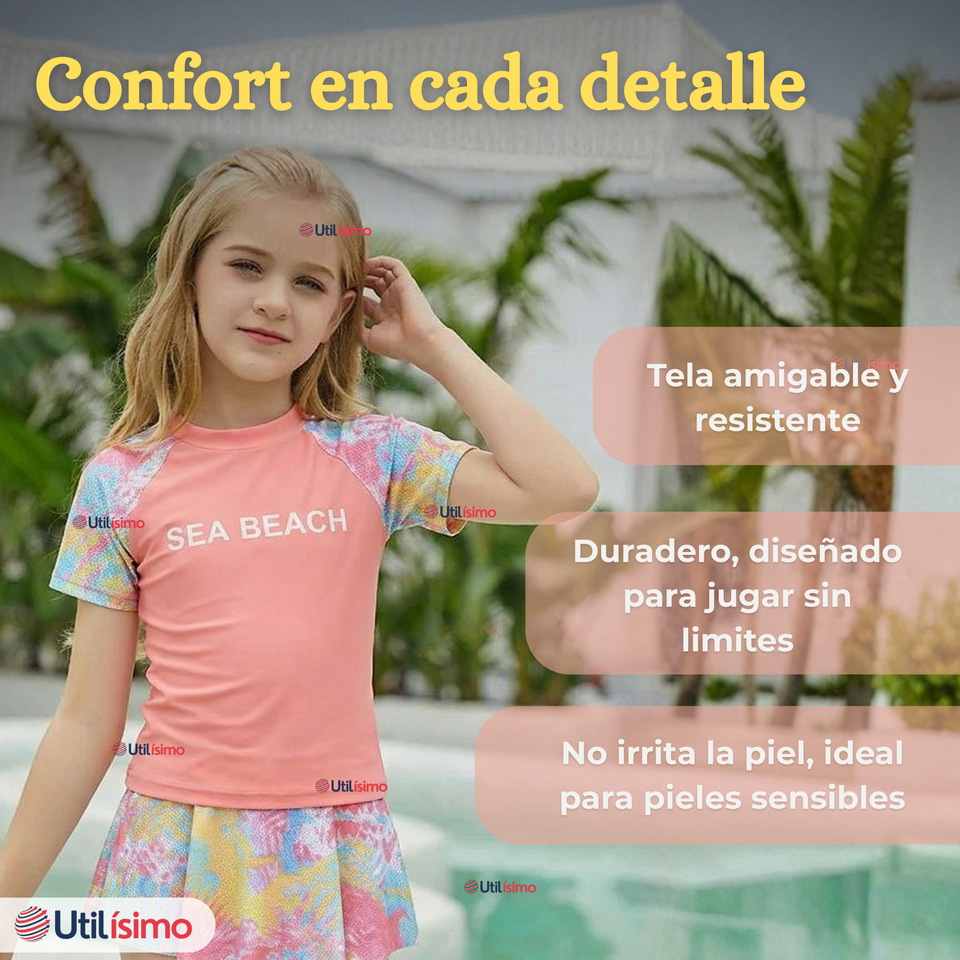 Traje De Baño Manga Corta y Pantalón Corto Con Falda 2 Piezas Niña de 6 a 13 Años Sea Beach