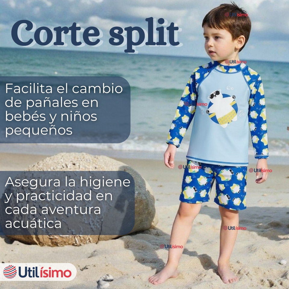 Traje de Baño Manga Larga Pantalón Corto 2 Piezas Corte Split Niño 3 a 9 años Blue Polar Bear