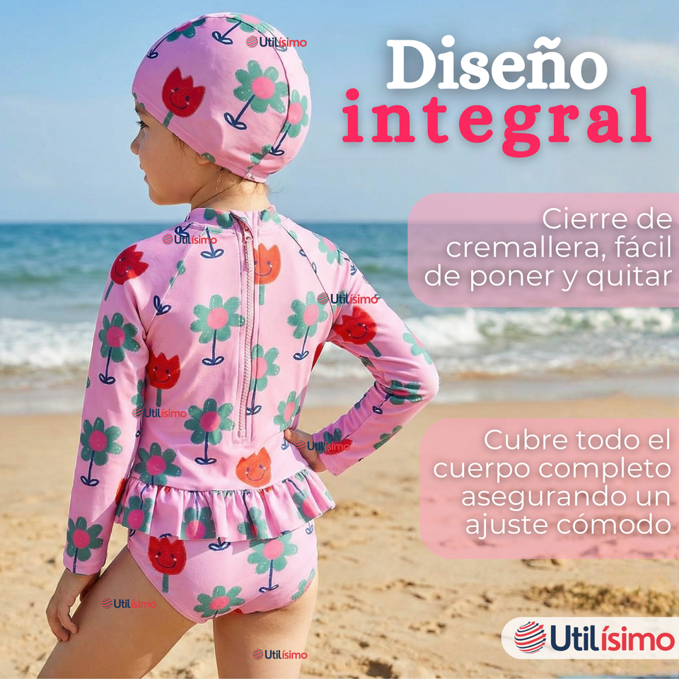 Traje de Baño Enterito Cremallera Manga Larga Con Gorro Niña 1 a 6 años Pink Flowers