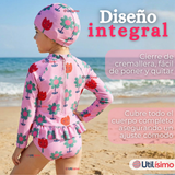 Traje de Baño Enterito Cremallera Manga Larga Con Gorro Niña 1 a 6 años Pink Flowers