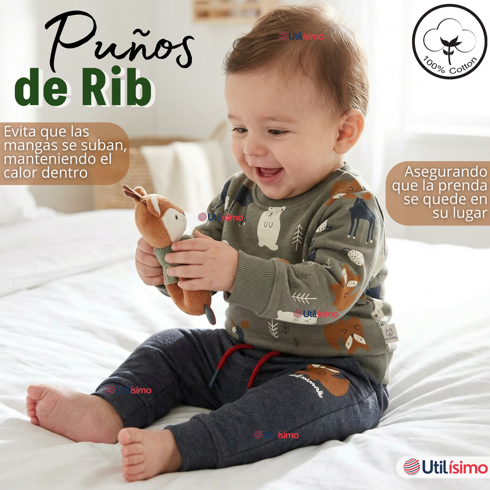 Conjunto 2 Piezas Buzo Pantalón Y Polerón De Algodón Verde Animales Bebé Niño