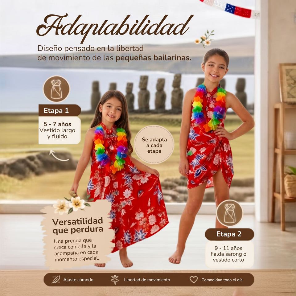 Traje Pareo Pascuense Hawaiano Rojo con Collar Niña Fiestas Patrias