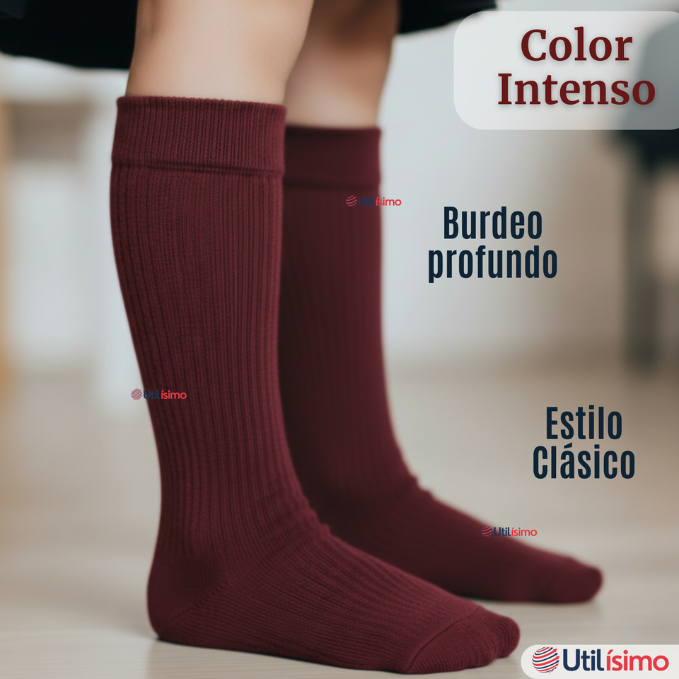 Calcetín Escolar Largo Acrílico Burdeo Niñas Juvenil Color Vino