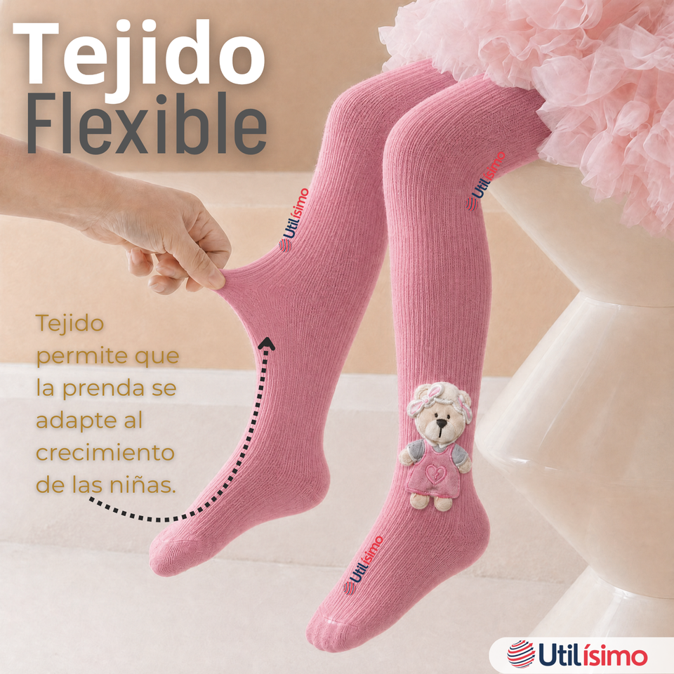 Panty 3D Osito Rosado Tejida Niña Ballerina 78% Algodón Premium