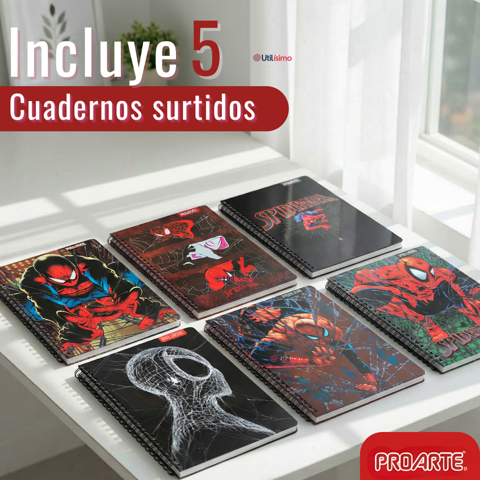 Pack 5 Cuadernos Universitarios SpiderMan 100 Hojas Proarte Diseño Surtido