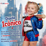 Disfraz Harley Quinn Azul y Rojo Metalizado Cosplay Niña