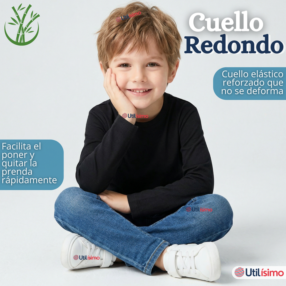 Pack 3 Poleras Camisetas Bambú Negra Cuello Redondo Primera Capa Manga Larga Niño