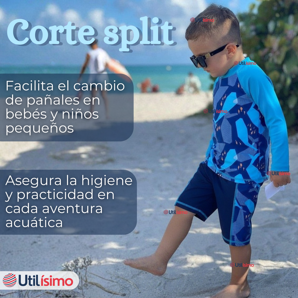 Traje de Baño Manga Larga Pantalón Corto 2 Piezas Corte Split Niño 3 a 9 años Blue