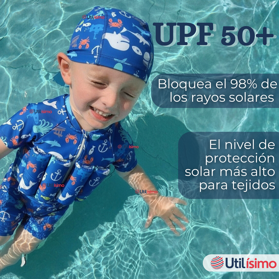 Traje de Baño Flotador Enterito Con Gorro Niño 2 Piezas 9 a 36 Meses Blue Sea