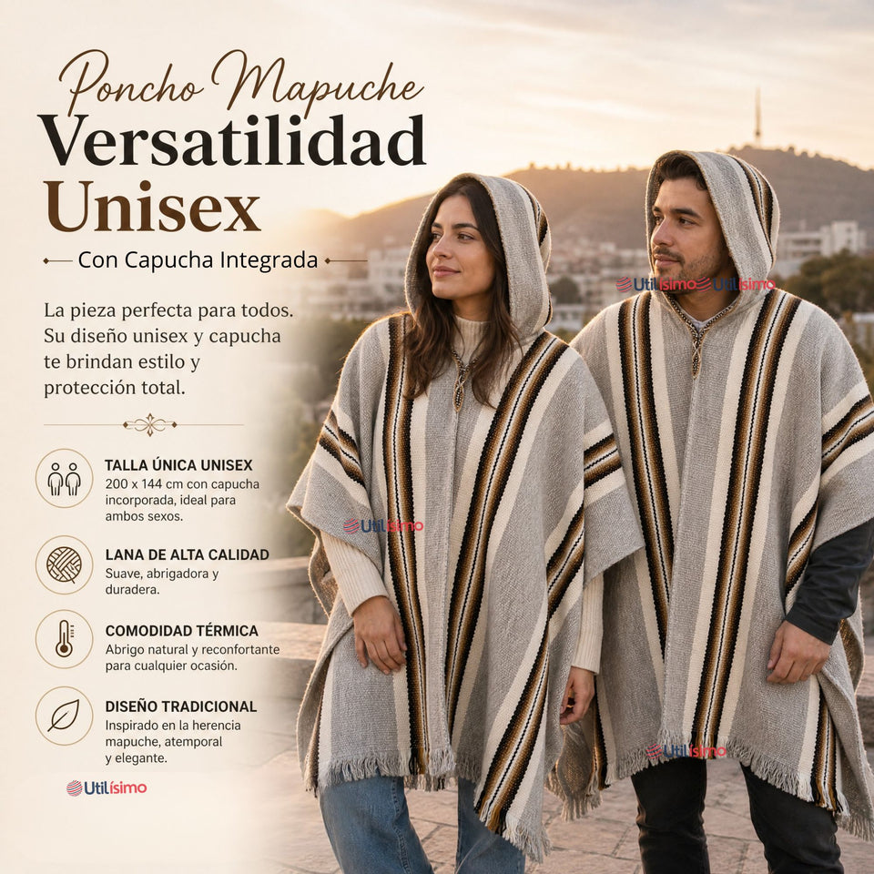Poncho Mapuche Lana Alpaca Con Capucha Unisex Fiestas Patrias