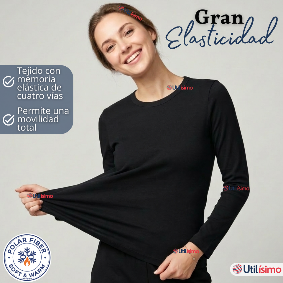 Camiseta Polera Polar Primera Capa Negro Manga Larga Mujer