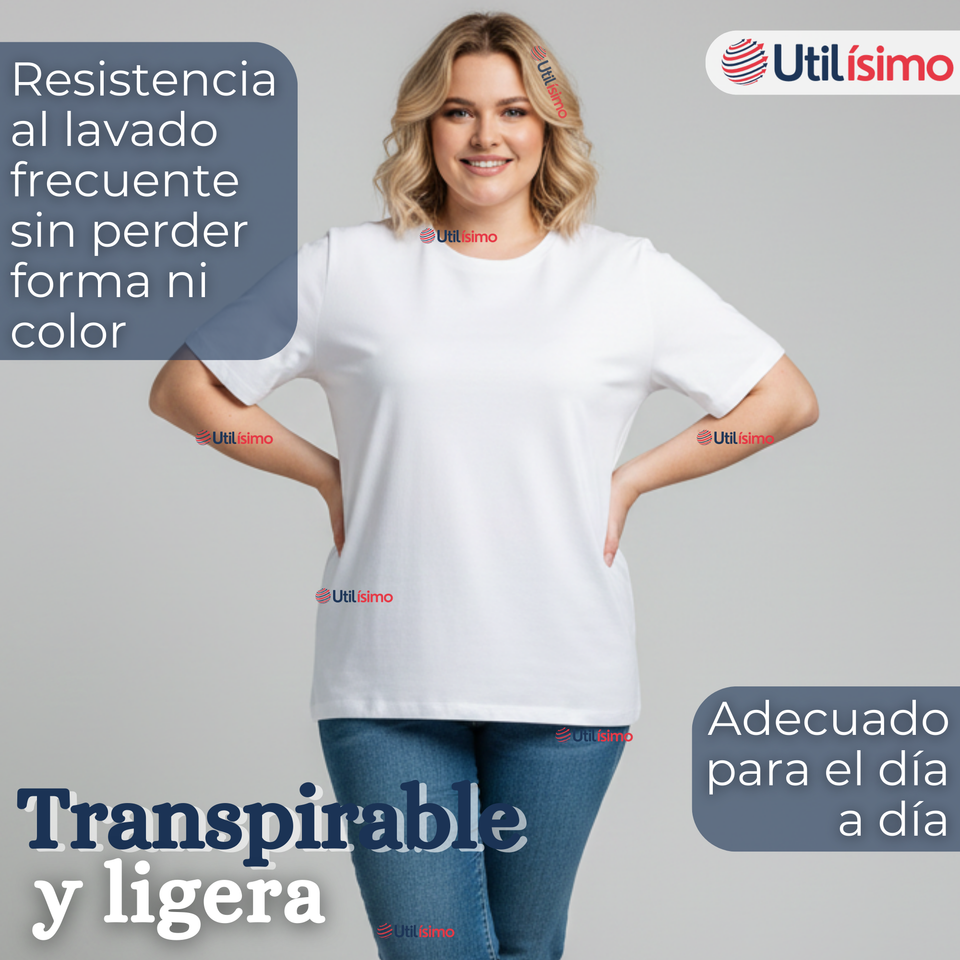 Camiseta Polera 100% Algodón Básica Lisa Elástica Mujer Blanco
