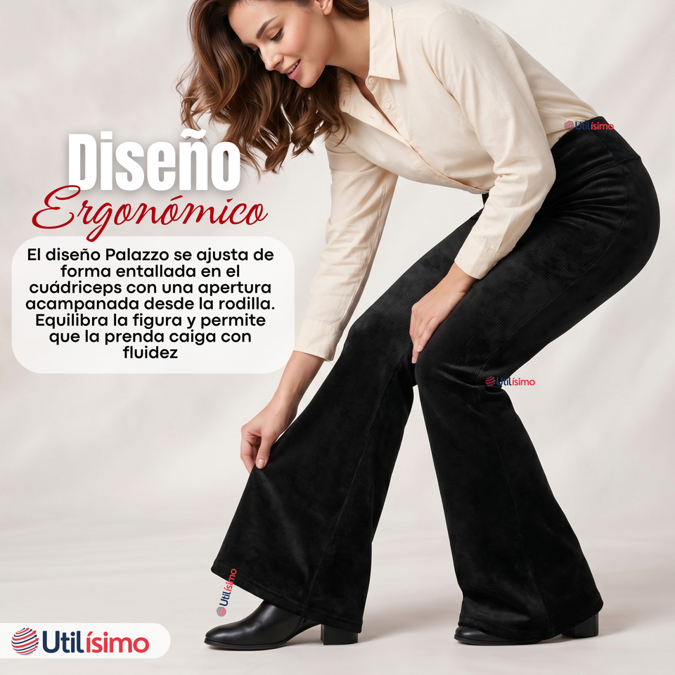 Pantalón Cotelé Palazzo Polar Con Chiporro Elasticado Térmico Negro