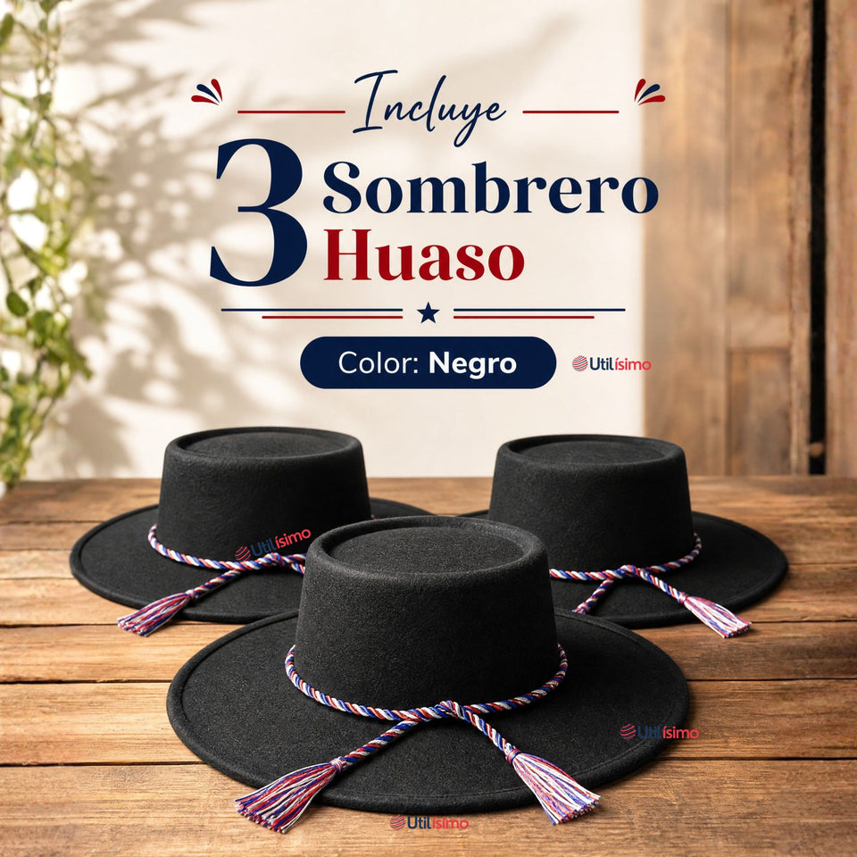 Pack 3 Sombrero Huaso Negro Tradicional Bandera Chile Fiestas Patrias
