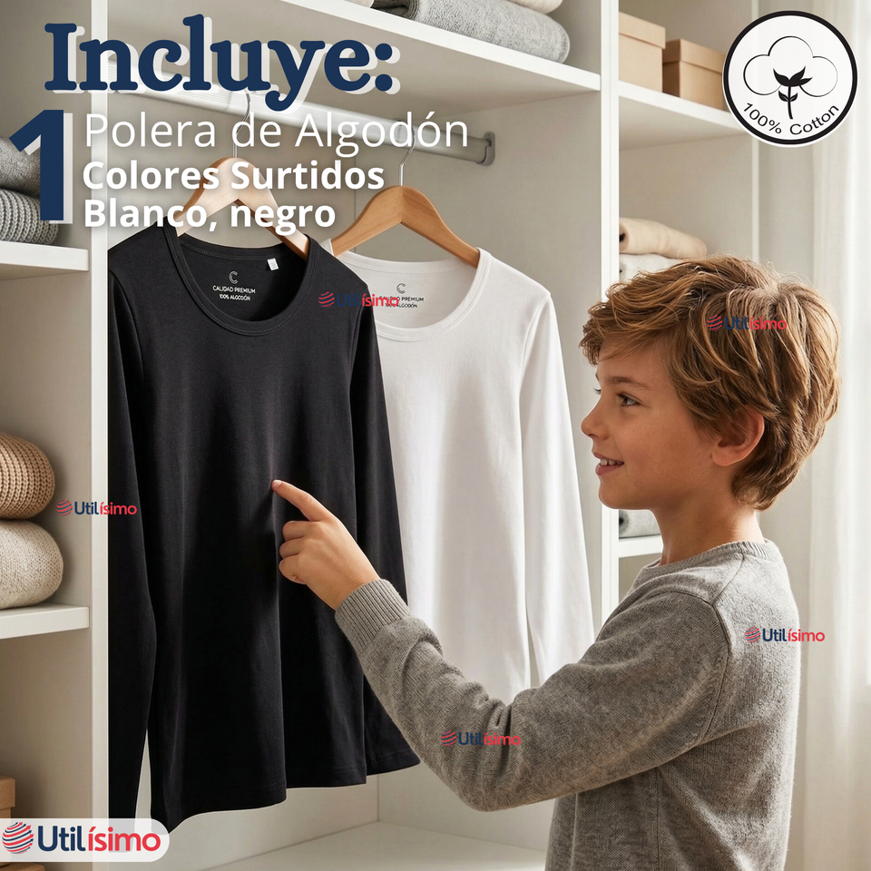 Camiseta Polera Algodón Primera Capa Manga Larga Blanco Negro Niño