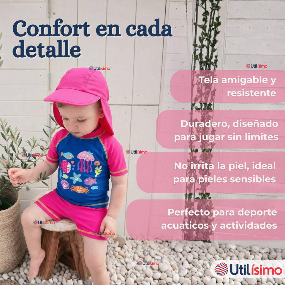 Traje De Baño Manga Corta Pantalón Con Gorro 3 Piezas Bebé Niña Marine Adventure
