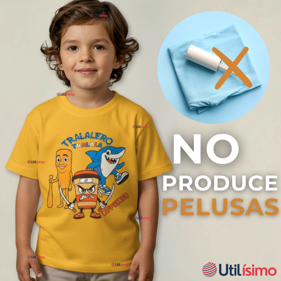 Polera Brainrots 100% Algodón Manga Corta Niño Tralalero Amarillo