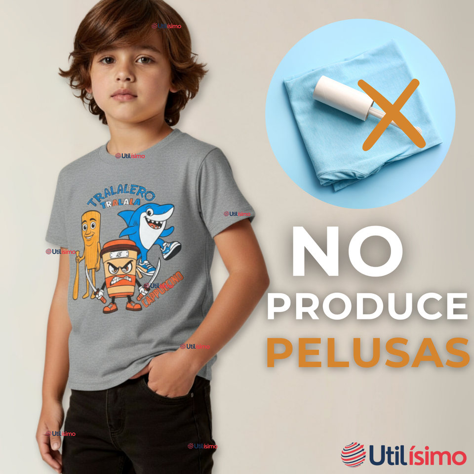 Polera Brainrots 100% Algodón Manga Corta Niño Tralalero Gris Claro