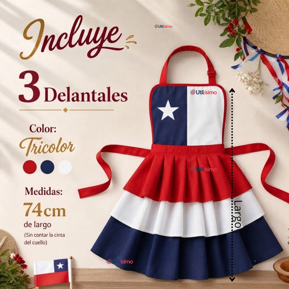 Pack 3 Delantales Diseño Tricolor Con Vuelos Mujer Fiestas Patria
