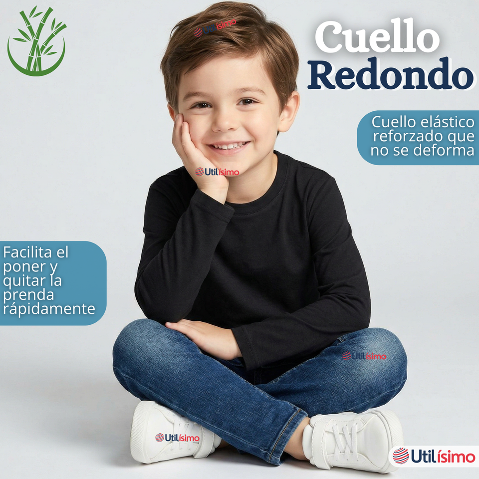 Pack 6 Poleras Camisetas Bambú Cuello Redondo Primera Capa Manga Larga Colores Surtido Niño