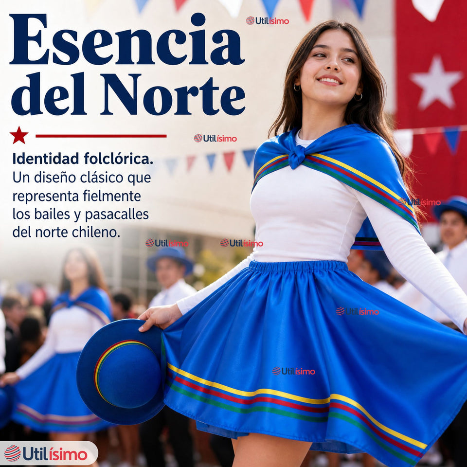 Traje Nortino Juvenil Con Polera 4 Piezas Azul Baile Típico Fiestas Patrias