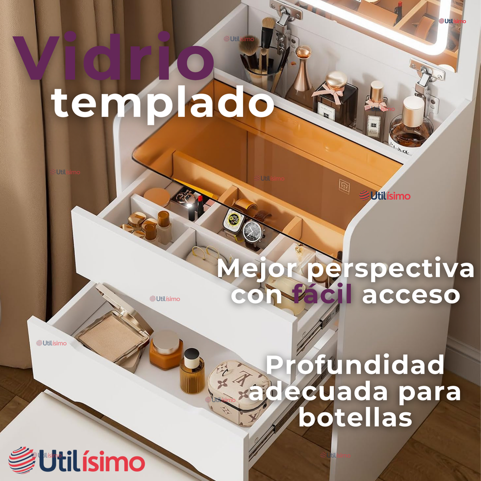 Tocador De Lujo Plegable Con Taburete Y Espejo De luz Ajustable 4 Cajones MDF Blanco  80x40x40cm