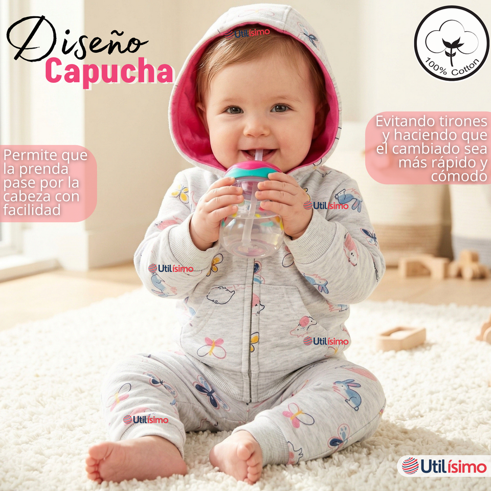 Conjunto 2 Piezas Buzo Pantalón Y Polerón De Algodón Gris Mariposas Bebé Niña