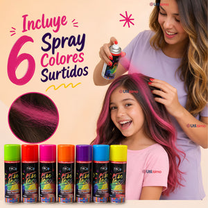 Pack 6 Spray Pintura Para El Cabello Temporal 185ml Colores Surtidos