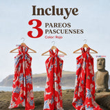 Pack 3 Pareos Pascuense Niña Hawaiano Rojo Danza Fiestas Patrias
