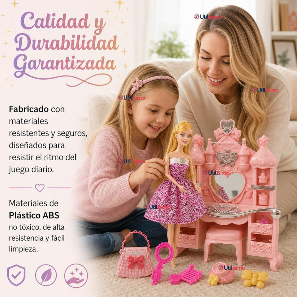 Juguete Muñeca Fashion Articulada Tocador y Accesorios