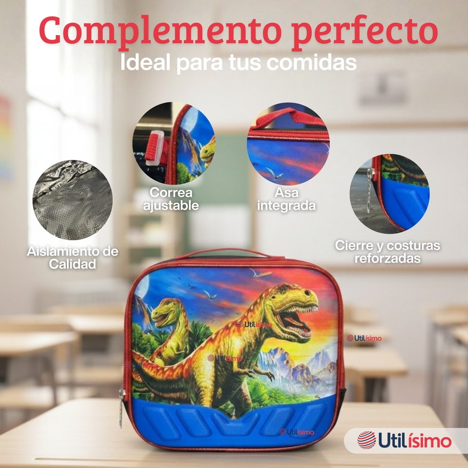 Mochila Escolar Con Ruedas Desmontables Diseño 3D + Estuche + Lonchera Niño Poliéster Dinosaur