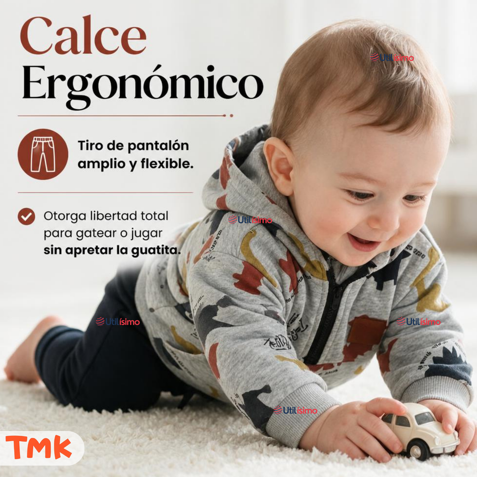 Conjunto 2 Piezas Polerón con Capucha y Pantalón 100% Algodón Bebé Niño Gray Dinosaur