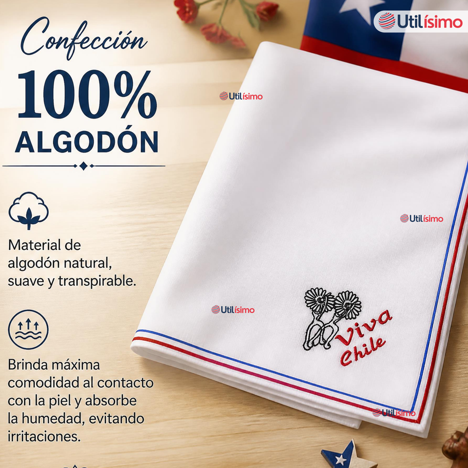 Pañuelo Baile Cueca 45cm Bordado Espuelas Algodón Fiestas Patrias