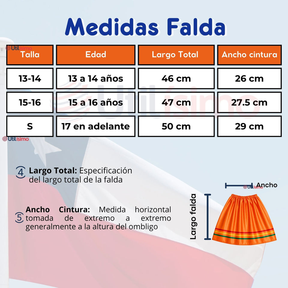 Pack 3 Trajes Nortinos Juvenil Con Poleras 4 Piezas Naranja Baile Típico Fiestas Patrias