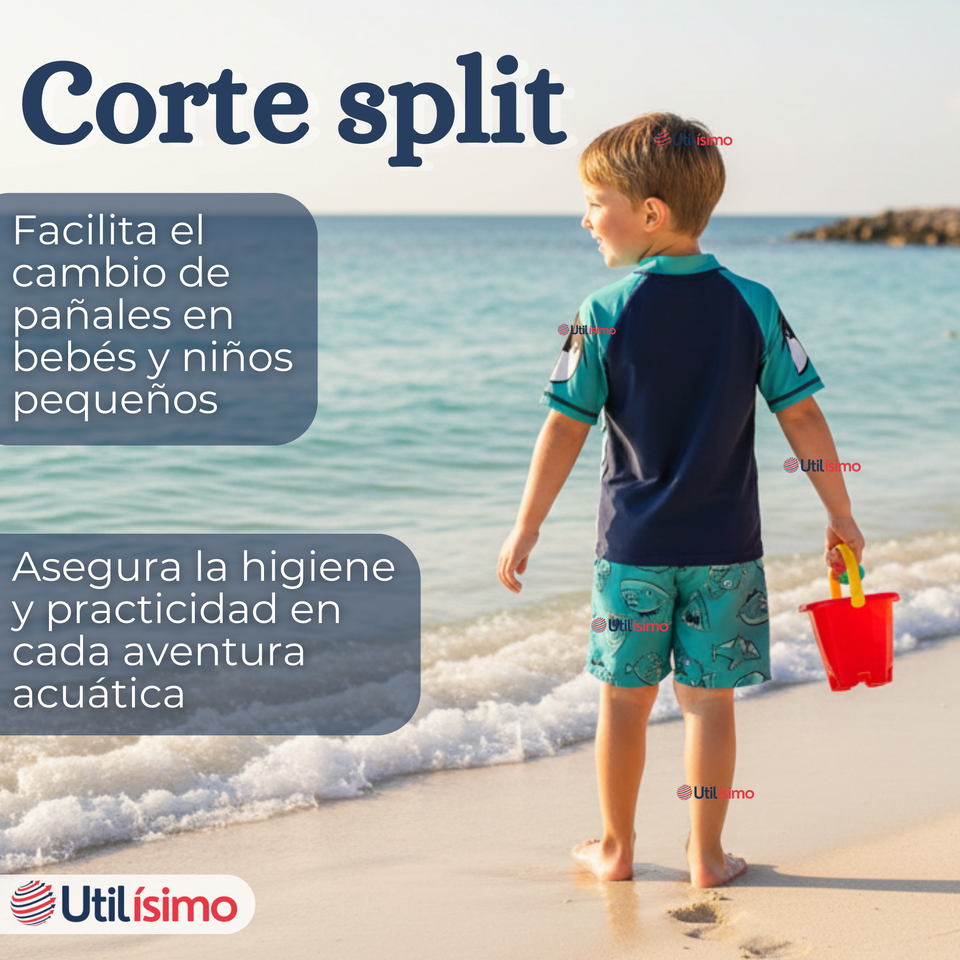 Traje de Baño Con Gorro Pantalón Corto Manga Corta 3 Piezas Corte Split Niño 2 a 8 años Blue Shark