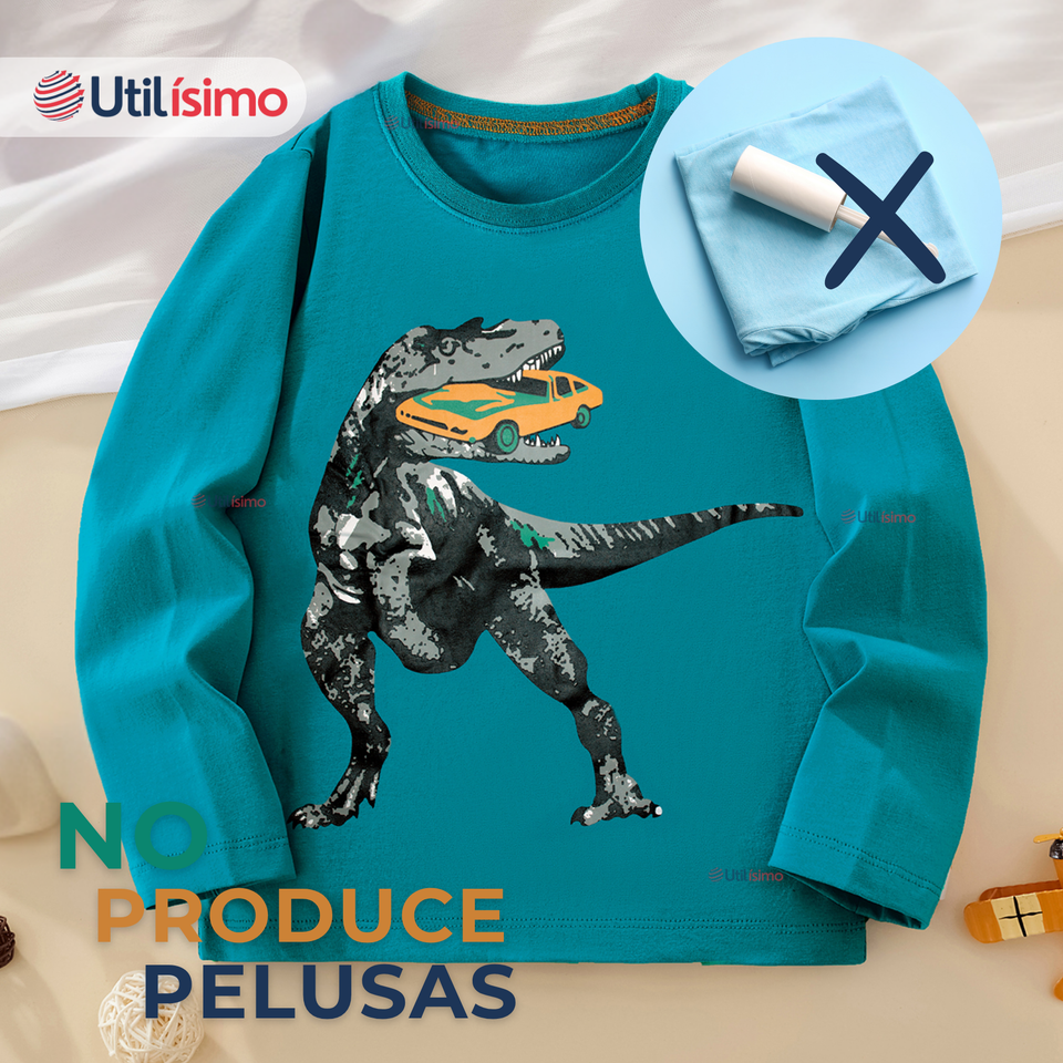 Polera Manga Larga Niño 100% Algodón Dinosaurio Verde Camiseta