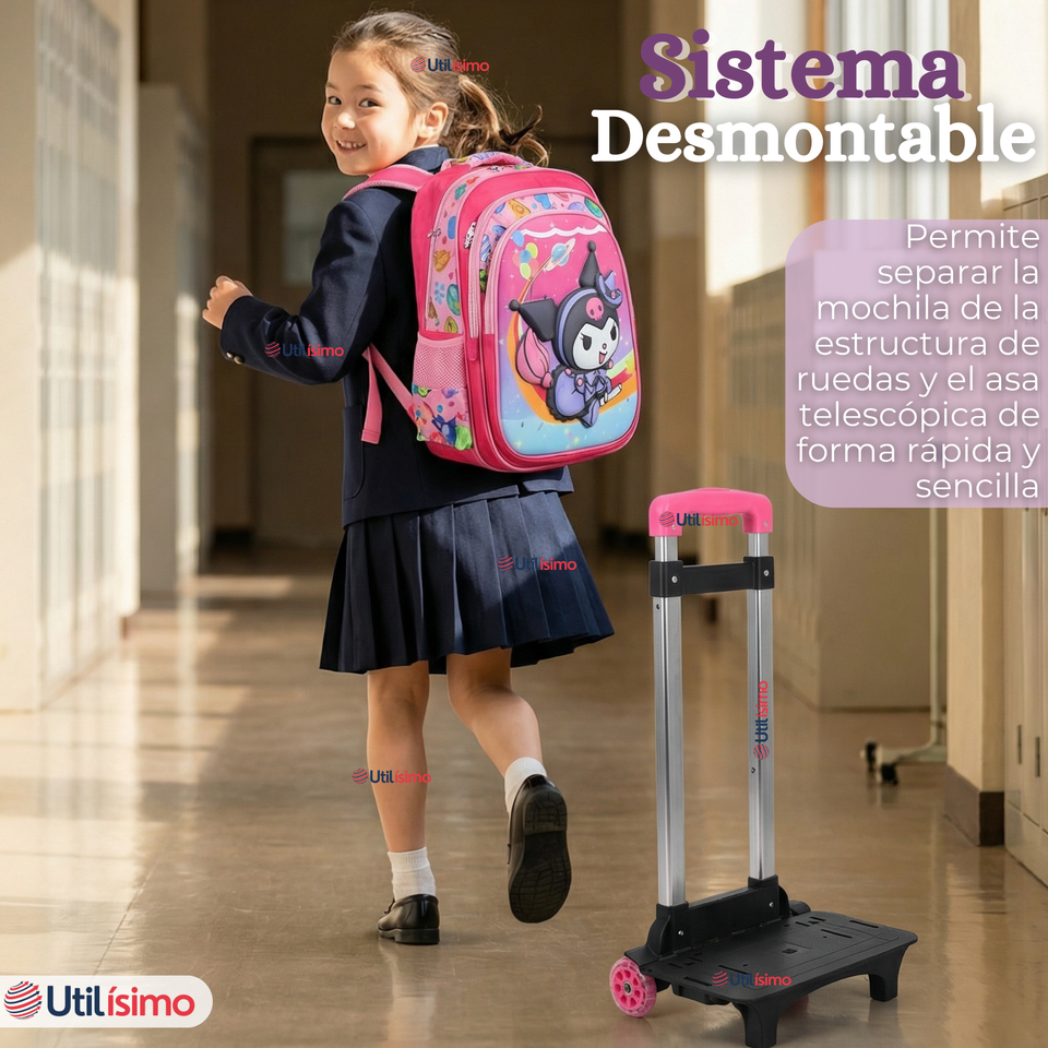 Mochila Escolar Kuromi 3D Con Ruedas Desmontable + Estuche + Lonchera Poliéster Rosa Niña