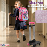 Mochila Escolar Kuromi 3D Con Ruedas Desmontable + Estuche + Lonchera Poliéster Rosa Niña