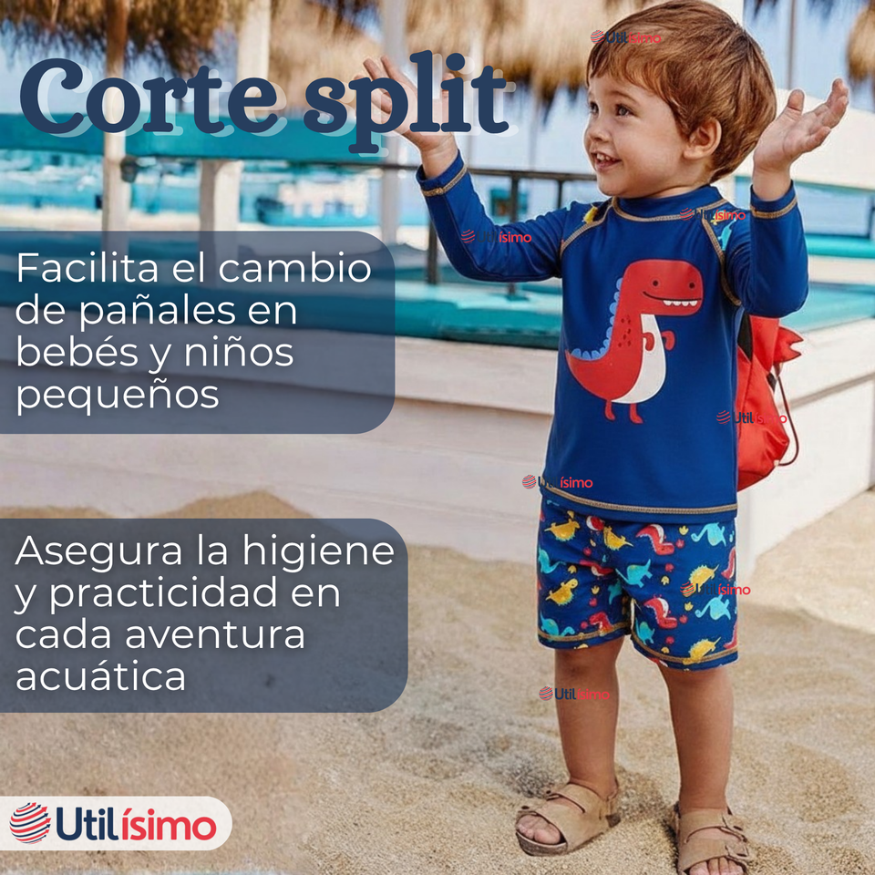 Traje de Baño Manga Larga Pantalón Corto 2 Piezas Corte Split Niño 3 a 9 años Blue Dinosaur