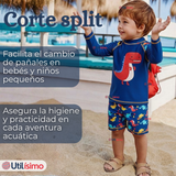 Traje de Baño Manga Larga Pantalón Corto 2 Piezas Corte Split Niño 3 a 9 años Blue Dinosaur