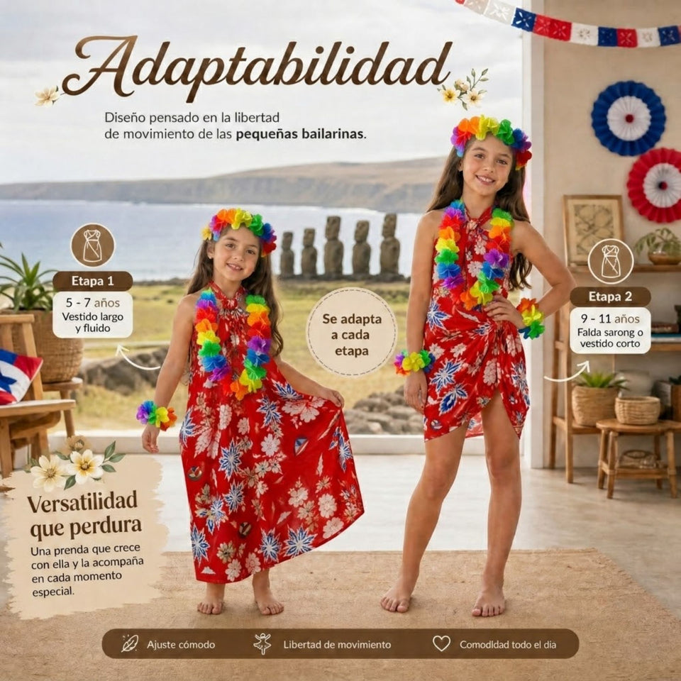 Pack 3 Trajes Páscuense Pareo Hawaiano Rojo Niña Con Accesorios