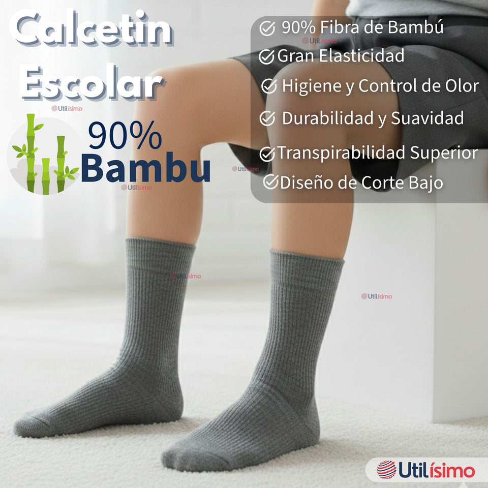 Pack 6 Calcetínes Escolares Corto Bambú Gris Niño Juvenil
