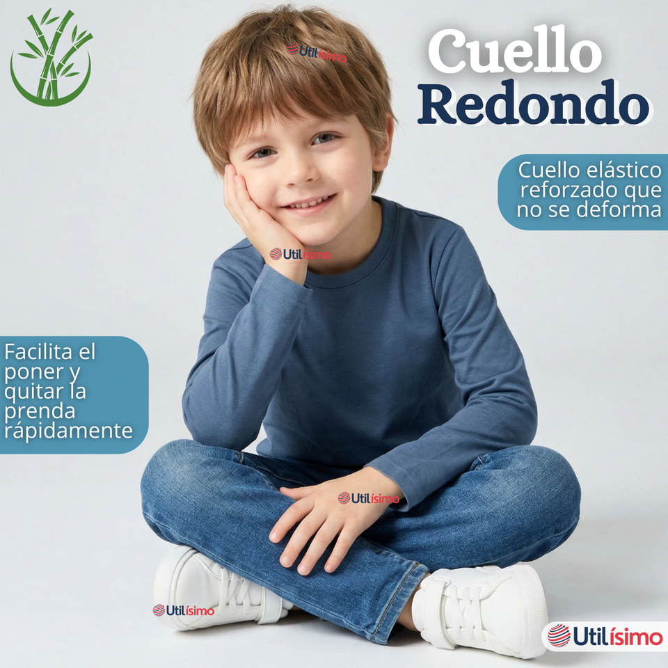 Pack 3 Poleras Camisetas Bambú Claro Oscuro Cuello Redondo Primera Capa Manga Larga Niño